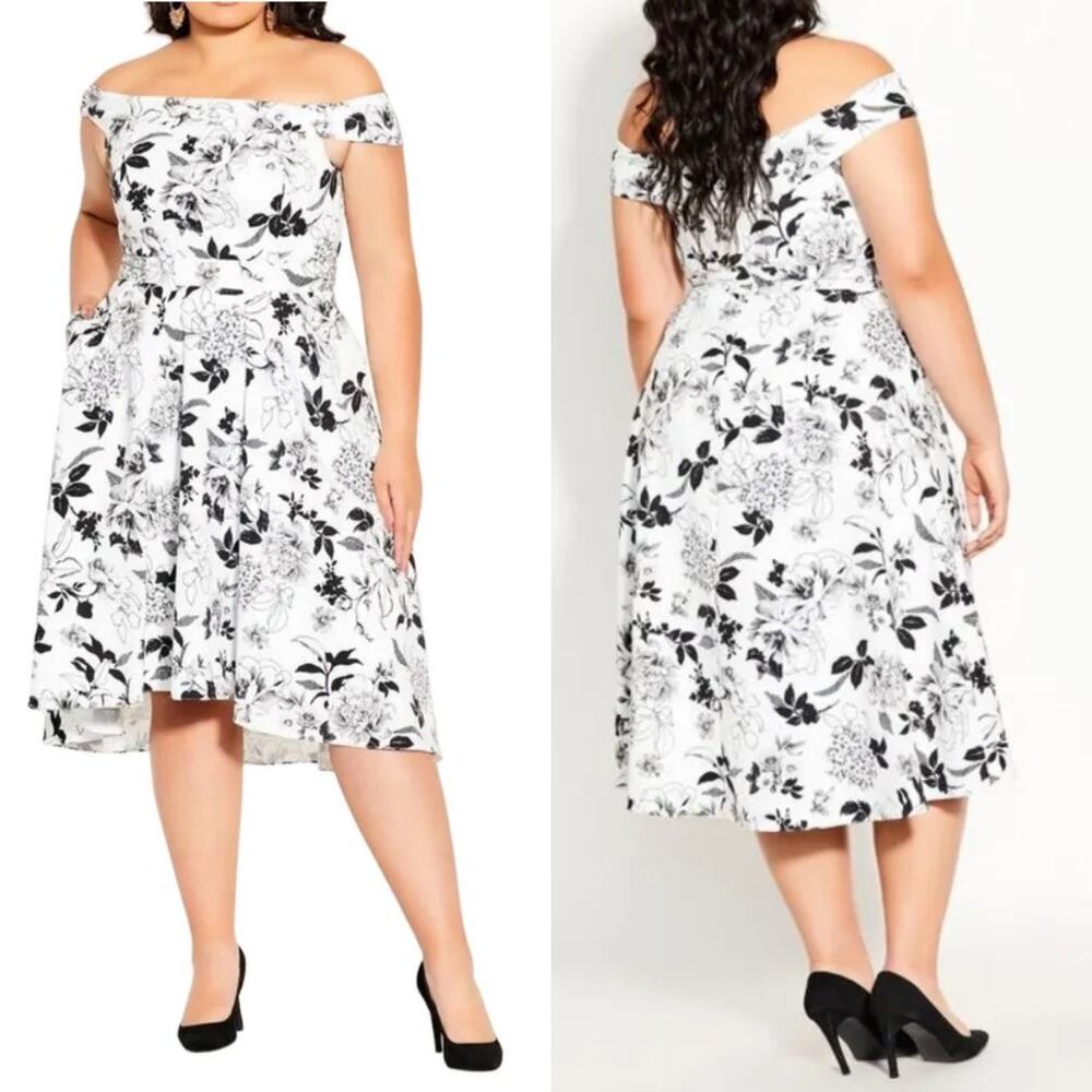 CITY CHIC DRESS 18 FLORAL BLACK WHITE FLOURISH MIDI OFF SHOULDER RUFFLED